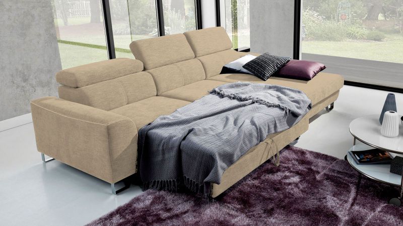 Canapé d'angle droite AVEZE convertible avec têtière et coffre