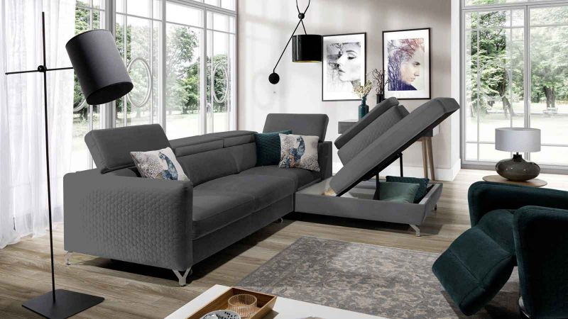 Canapé d'angle droit MENDE XL convertible avec coffre et 5 têtières amovibles