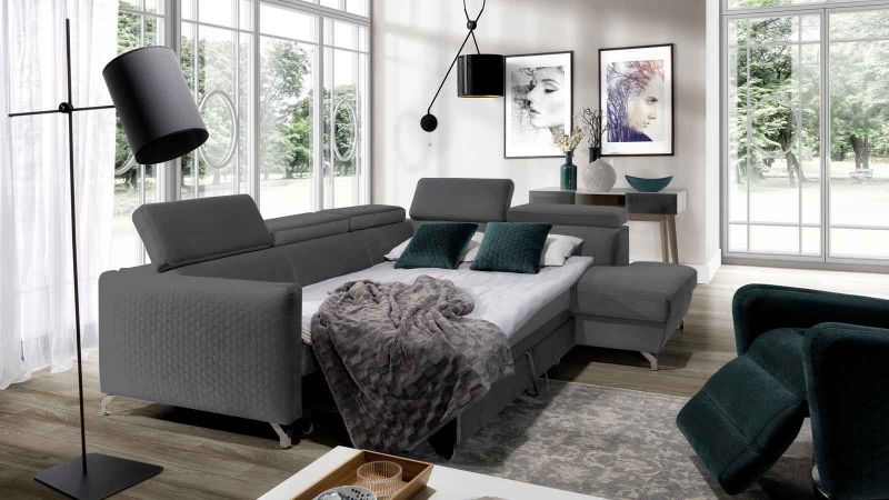 Canapé d'angle droit MENDE XL convertible avec coffre et 5 têtières amovibles