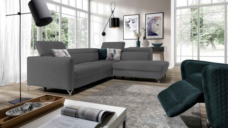 Canapé d'angle droit MENDE XL convertible avec coffre et 5 têtières amovibles