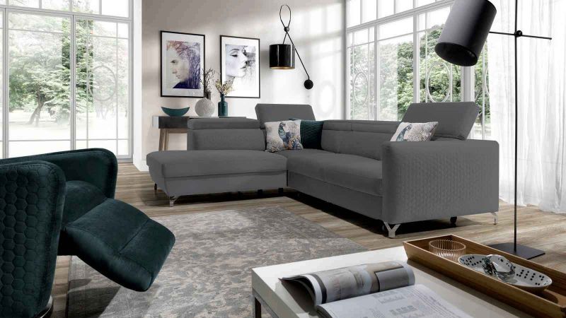 Canapé d'angle à gauche MENDE XL convertible avec coffre et 5 têtières amovibles