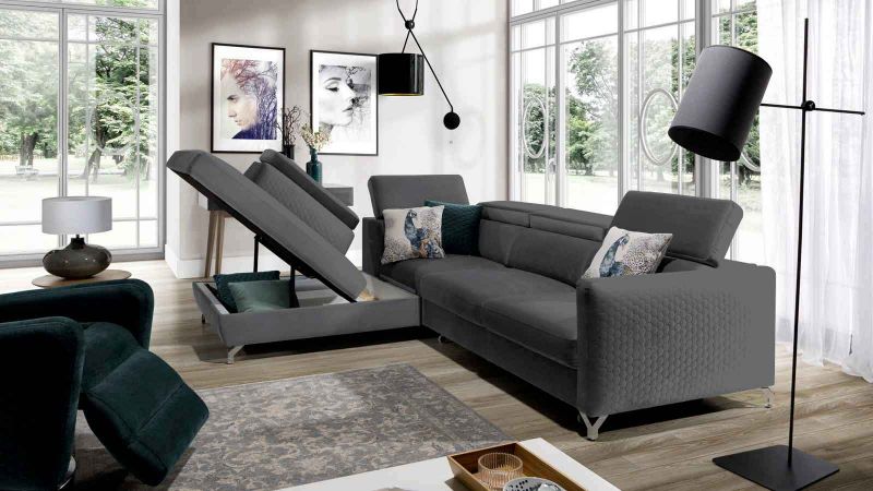 Canapé d'angle à gauche MENDE XL convertible avec coffre et 5 têtières amovibles