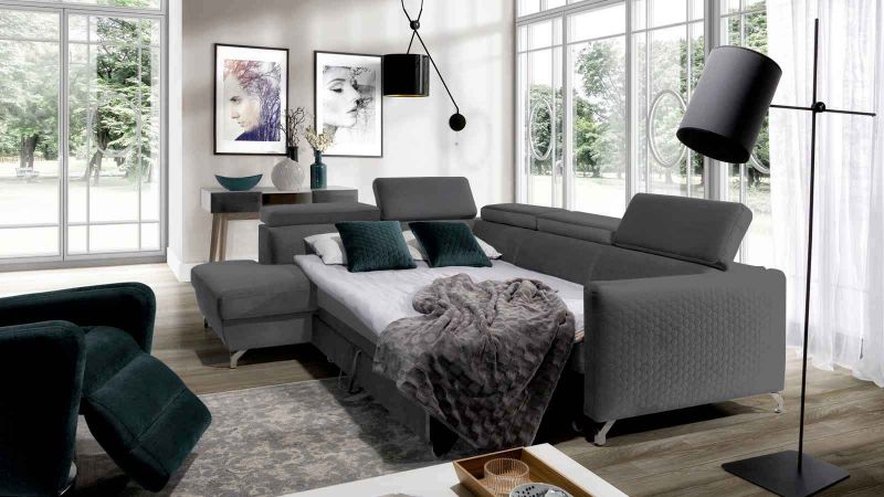 Canapé d'angle à gauche MENDE XL convertible avec coffre et 5 têtières amovibles