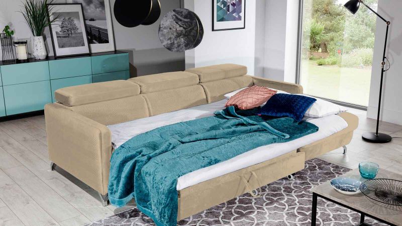 Canapé d'angle à droite MENDE MINI convertible et 3 têtières amovibles