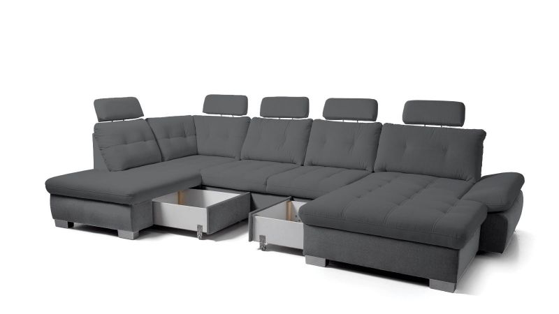Canapé panoramique CARPENTRAS (méridienne à droite) convertible avec têtières inclinables et coffres de rangement