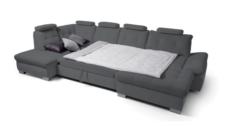 Canapé panoramique CARPENTRAS (méridienne à droite) convertible avec têtières inclinables et coffres de rangement
