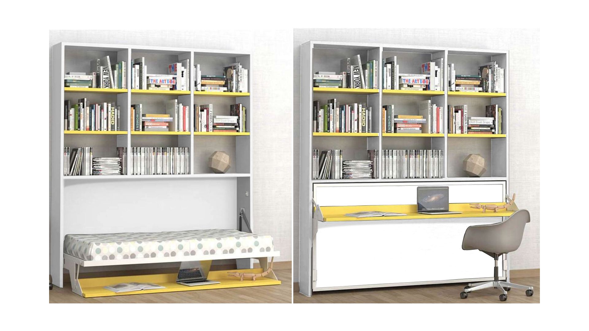 Bibliothèque avec tiroirs et bureau rabattable integré