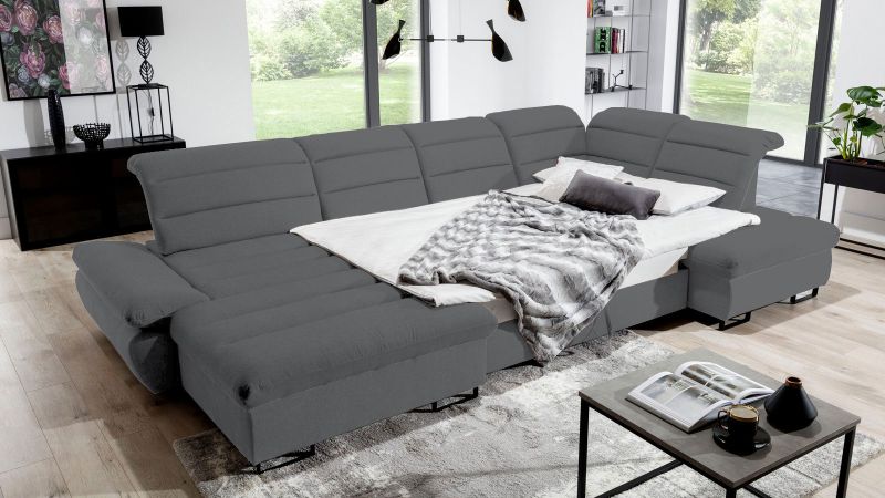 Canapé panoramique ROUSSILLON méridienne à gauche convertible avec assises coulissantes et coffre