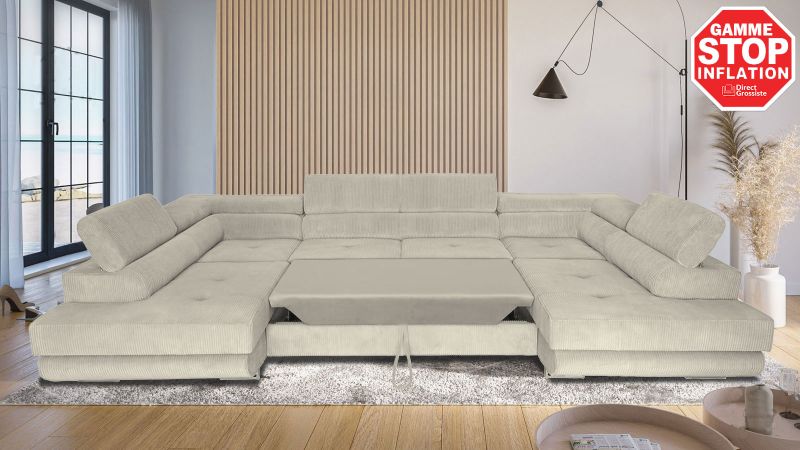 Canapé panoramique RAMATUELLE BIS symétrique convertible avec coffre et têtières réglables - GAMME OFFRE SPECIALE