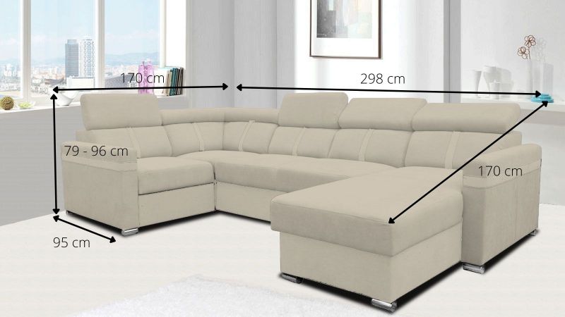 Canapé panoramique MALAGAS relax avec têtières réglables et coffre schéma