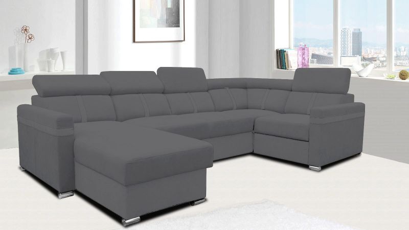 Canapé panoramique MALAGAS relax avec têtières réglables et coffre - méridienne à gauche