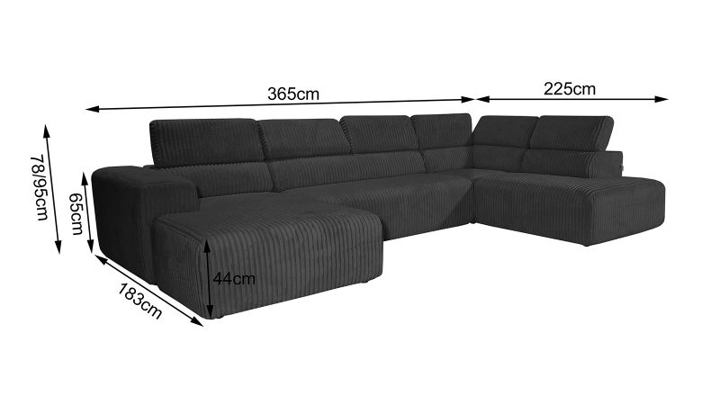 Canapé panoramique COMBAS angle ouvert à gauche et méridienne à droite