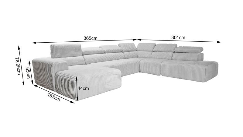 Canapé panoramique COMBAS XL angle ouvert à gauche et méridienne à droite