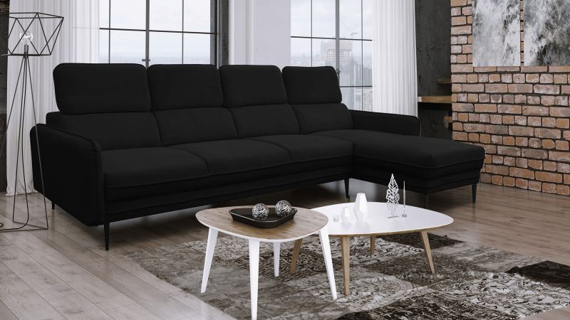 Canapé d'angle JUVIGNAC XL méridienne à droite avec têtières noir