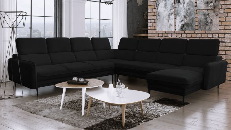 Canapé panoramique U JUVIGNAC méridienne droite avec têtières noir
